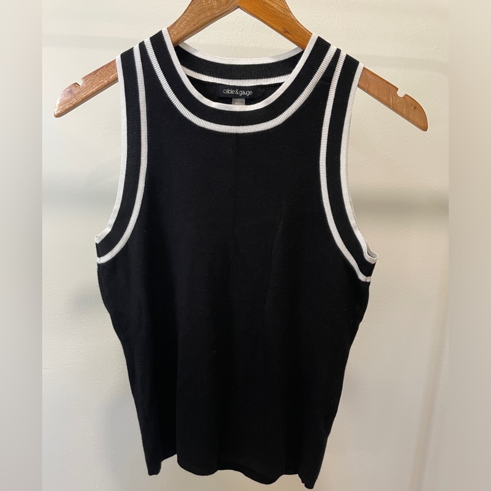 Cable and Gauge Knit Tank Top Womens Small Petite Black White Striped Office